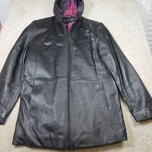 Nicole Miller Motorcycle Jacket Womens XS Black Genuine Leather Hooded Full-Zip